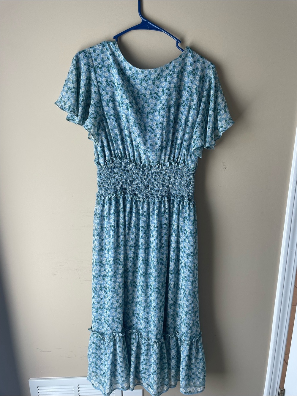 Max Studio Blue Floral Smocked Midi Dress